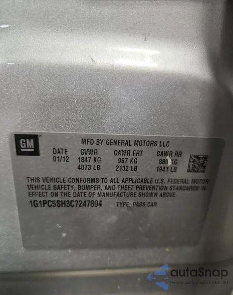 2012 Chevrolet Cruze Ls from USA, damaged, VIN 1G1PC5SH3C7247894